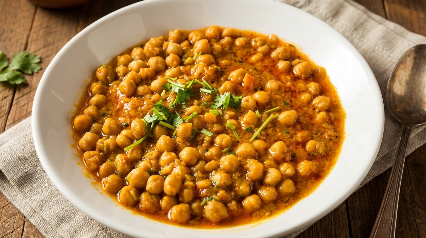 A white bowl filled with chana masala, garnished with fresh cilantro, on a rustic wooden table.