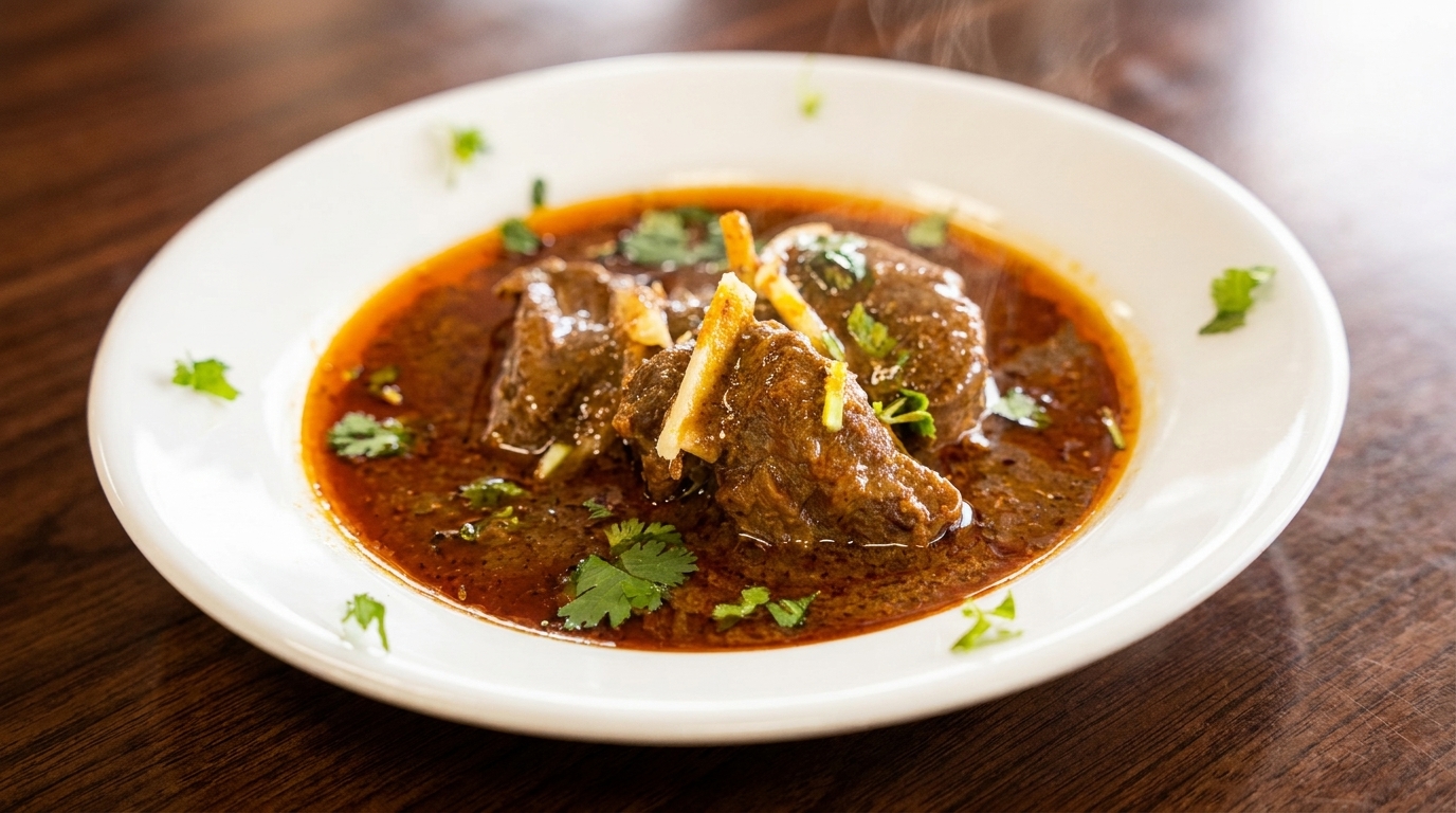 Steaming hot lamb curry with cilantro garnish in a white bowl on a wooden table.