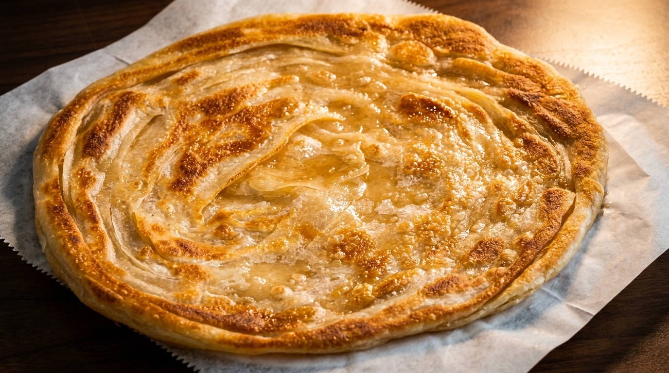 Golden brown roti canai, a flaky Malaysian flatbread, glistening with oil on parchment paper.
