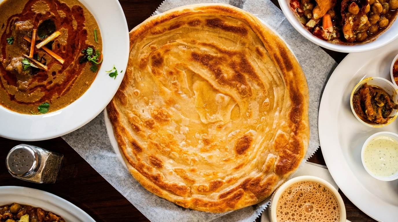 Overhead view of a golden paratha, a bowl of curry, and other Indian dishes.