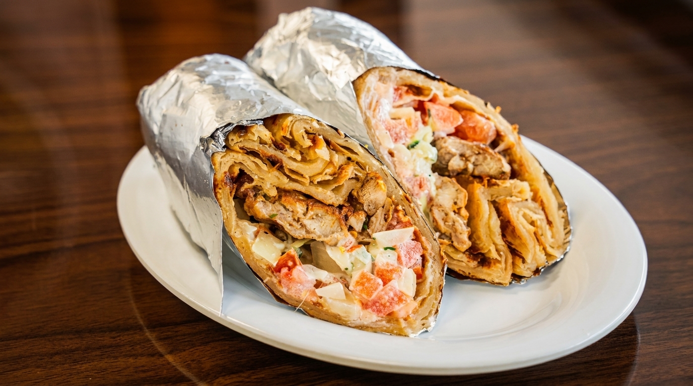 Two chicken shawarma wraps, cut in half and wrapped in foil, on a white plate.