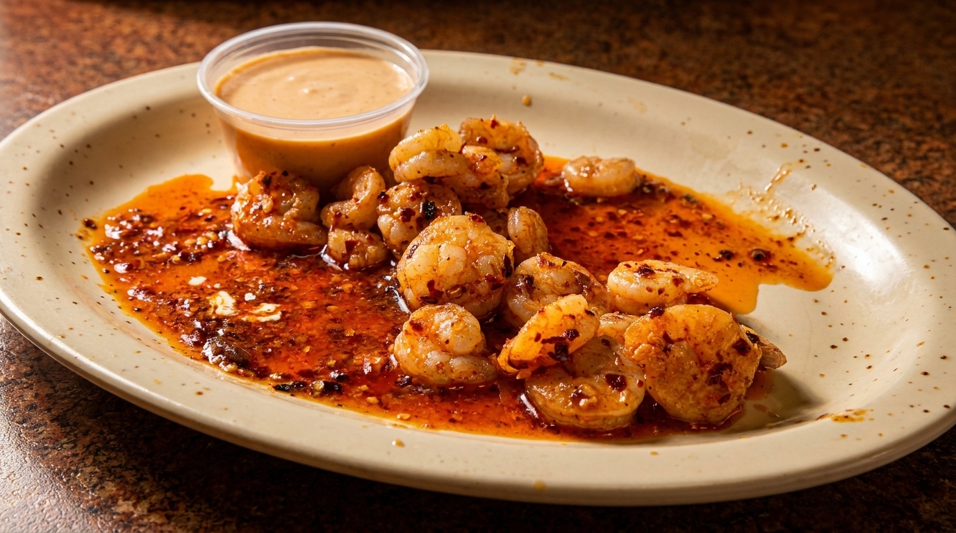 Spicy shrimp appetizer with chili oil and a side of creamy dipping sauce on an oval plate.