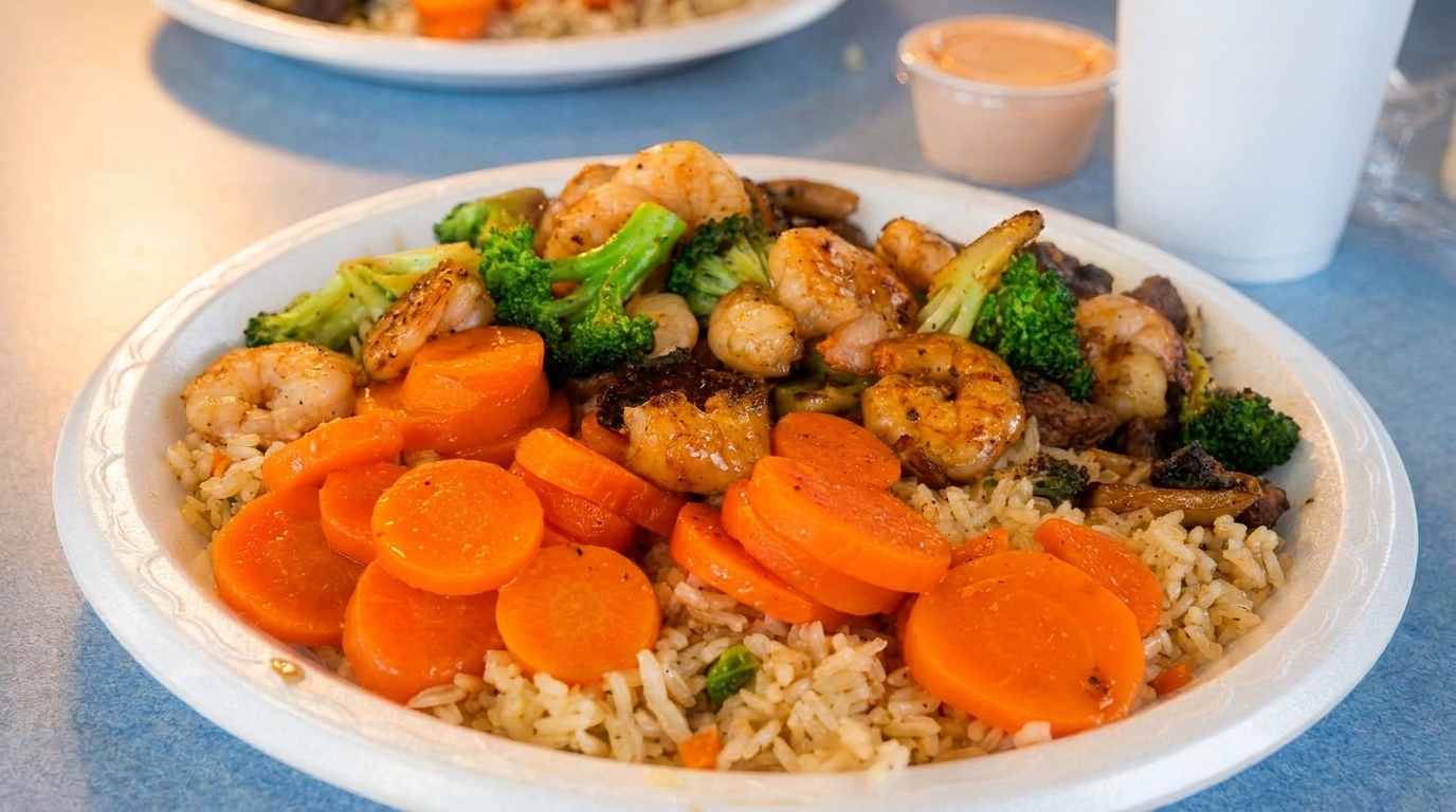A white plate holds a meal of rice, shrimp, broccoli, and sliced carrots.