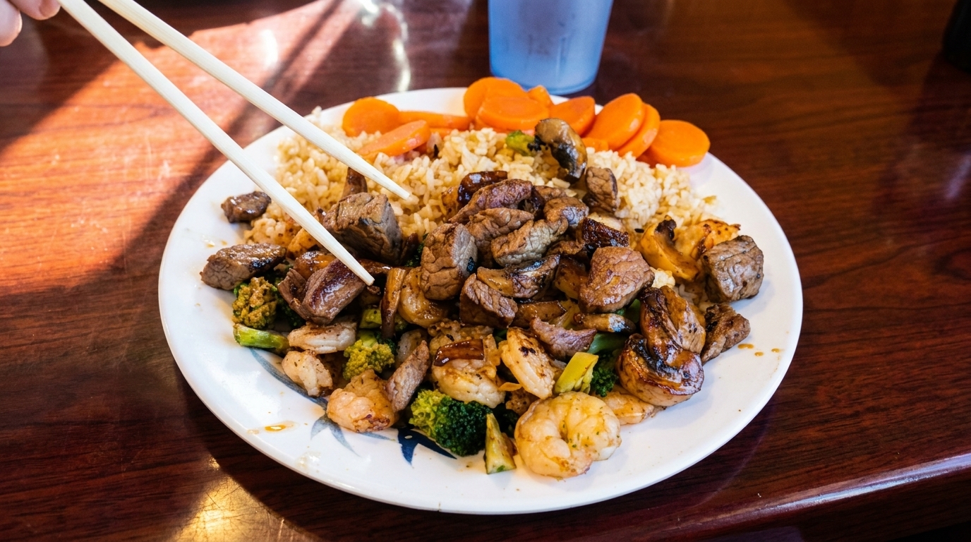 Chopsticks hover over a plate of hibachi steak, shrimp, broccoli, mushrooms, carrots, and fried rice.