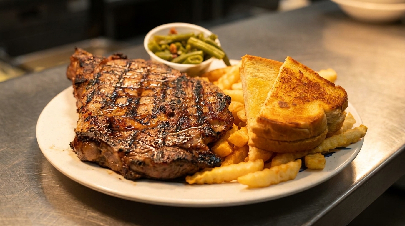 Grilled steak, crinkle-cut fries, Texas toast, and green beans on a white plate.