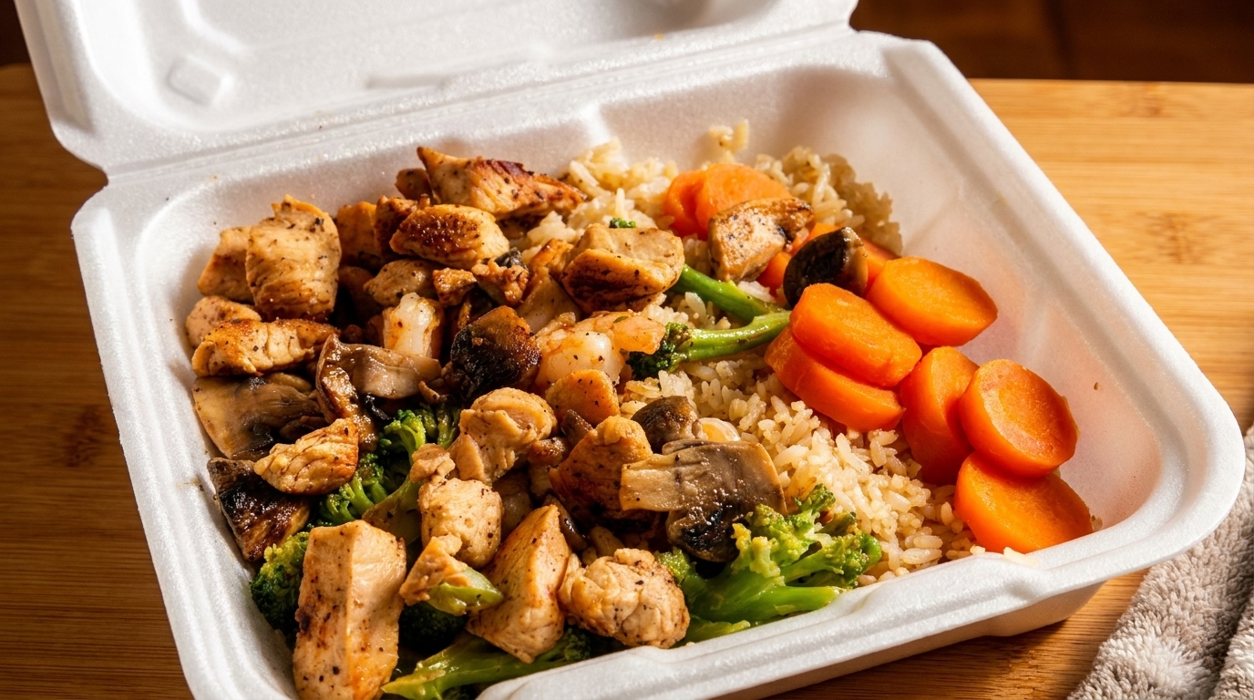 Chicken, shrimp, mushrooms, and broccoli with rice and carrots in a takeout container.