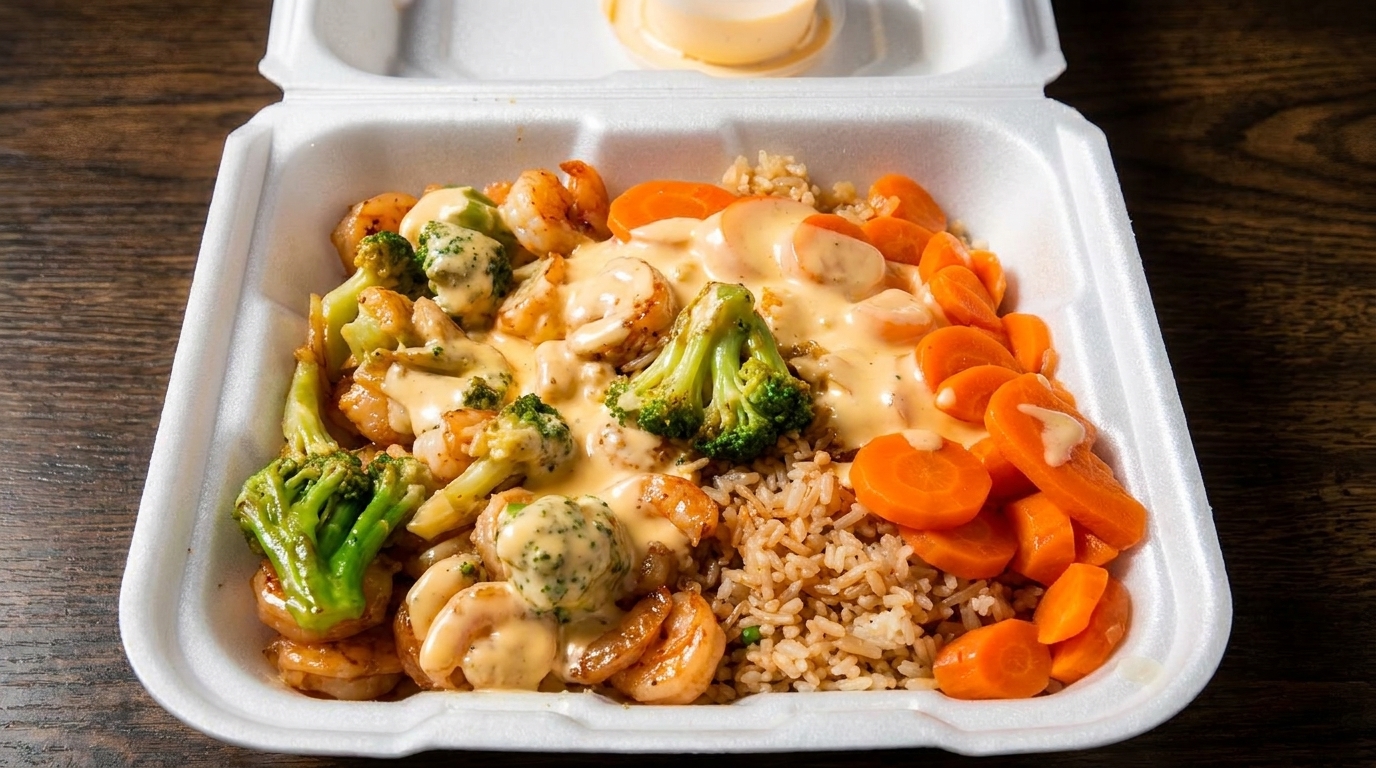 Shrimp, broccoli, and carrots with sauce over rice in a white takeout container.