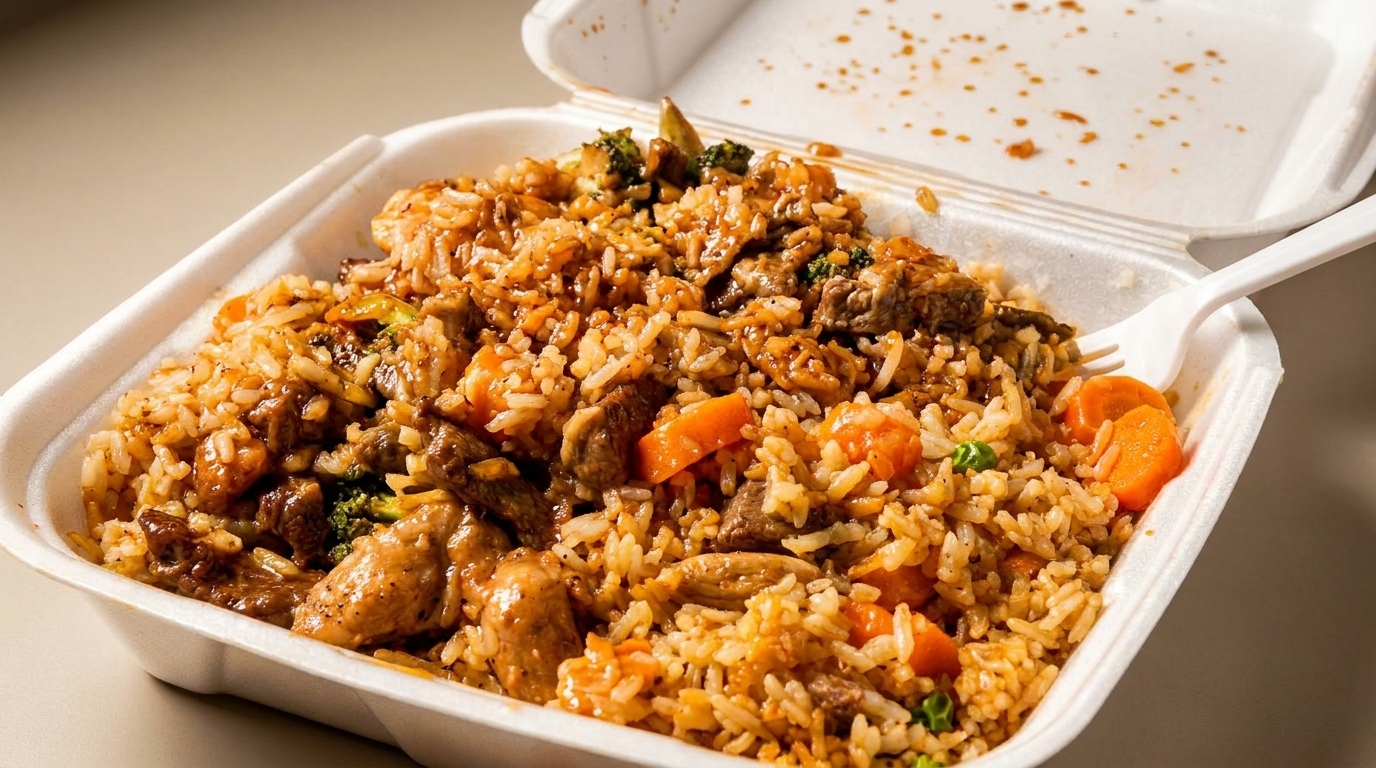 Styrofoam takeout container filled with fried rice, chicken, beef, broccoli, and carrots, with a fork.