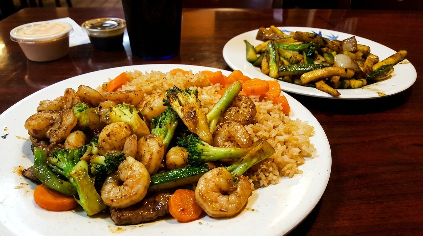 Hibachi shrimp, scallops, steak, broccoli, carrots, and fried rice, with a side of zucchini.