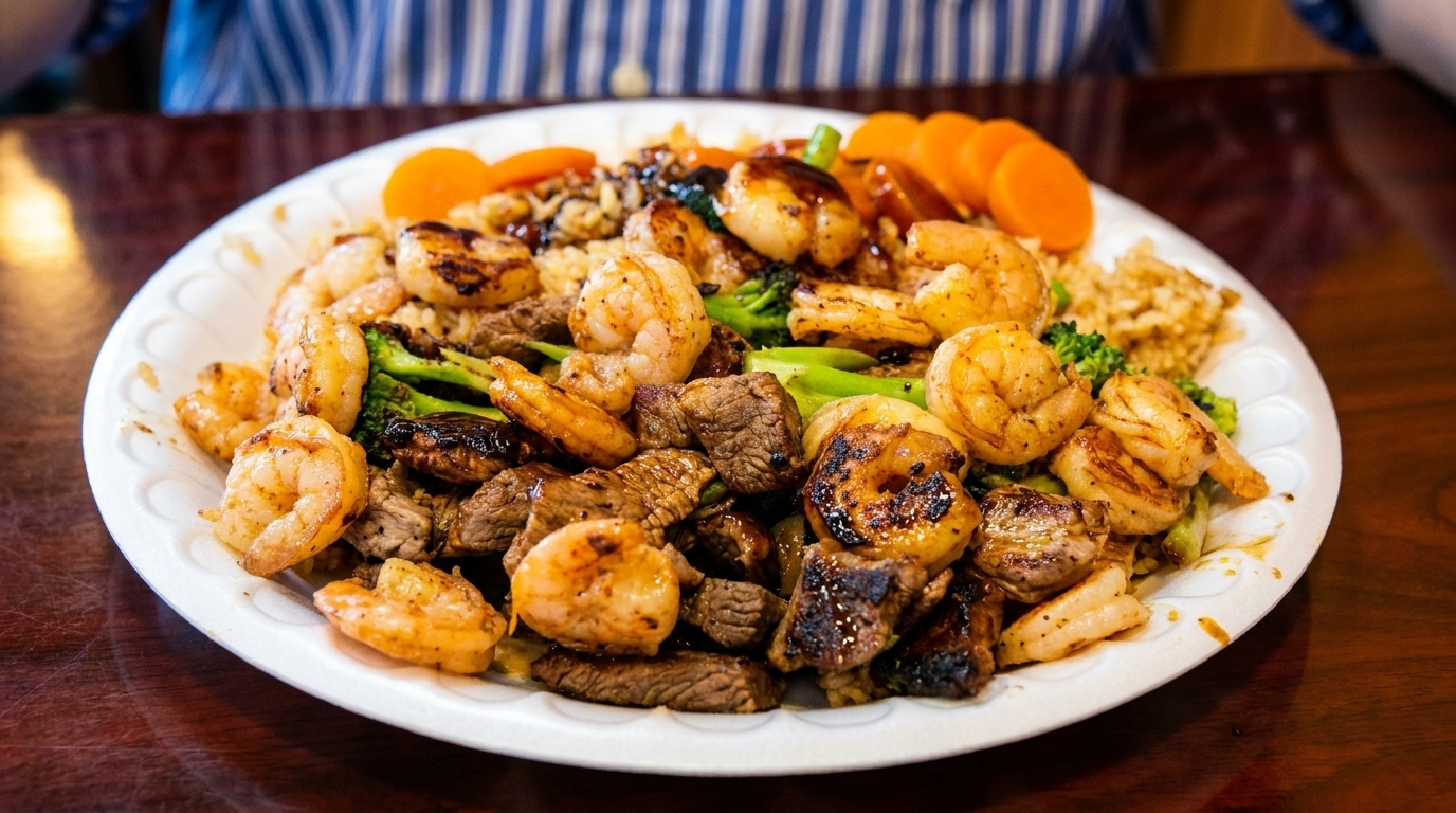 A white plate filled with grilled shrimp, steak, broccoli, carrots, and rice on a wooden table.