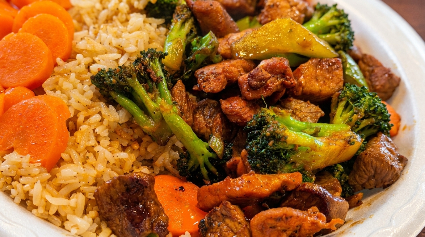 Close-up of beef and broccoli stir-fry with carrots and rice in a white takeout container.