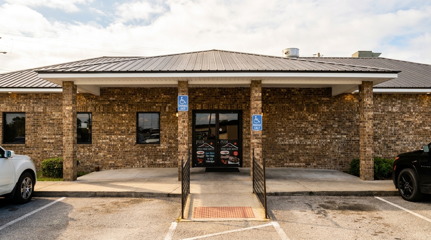 Exterior of Fuji restaurant, a brick building with a dark metal roof, and a black double door entrance.