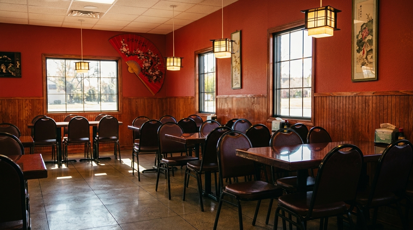 An empty Chinese restaurant dining room with red walls, wood paneling, and tables set for guests.