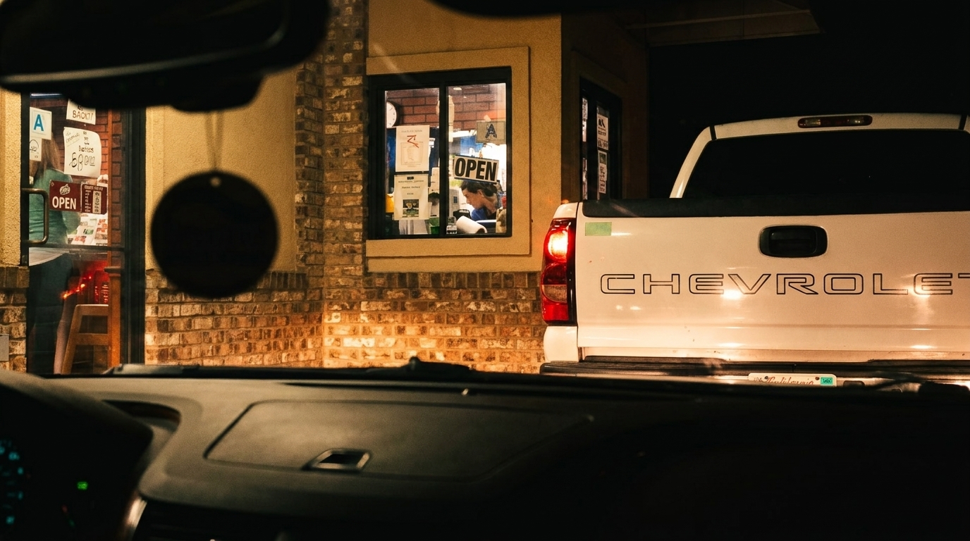 A person looks out a drive-thru window at night, with a white pickup truck in the foreground.