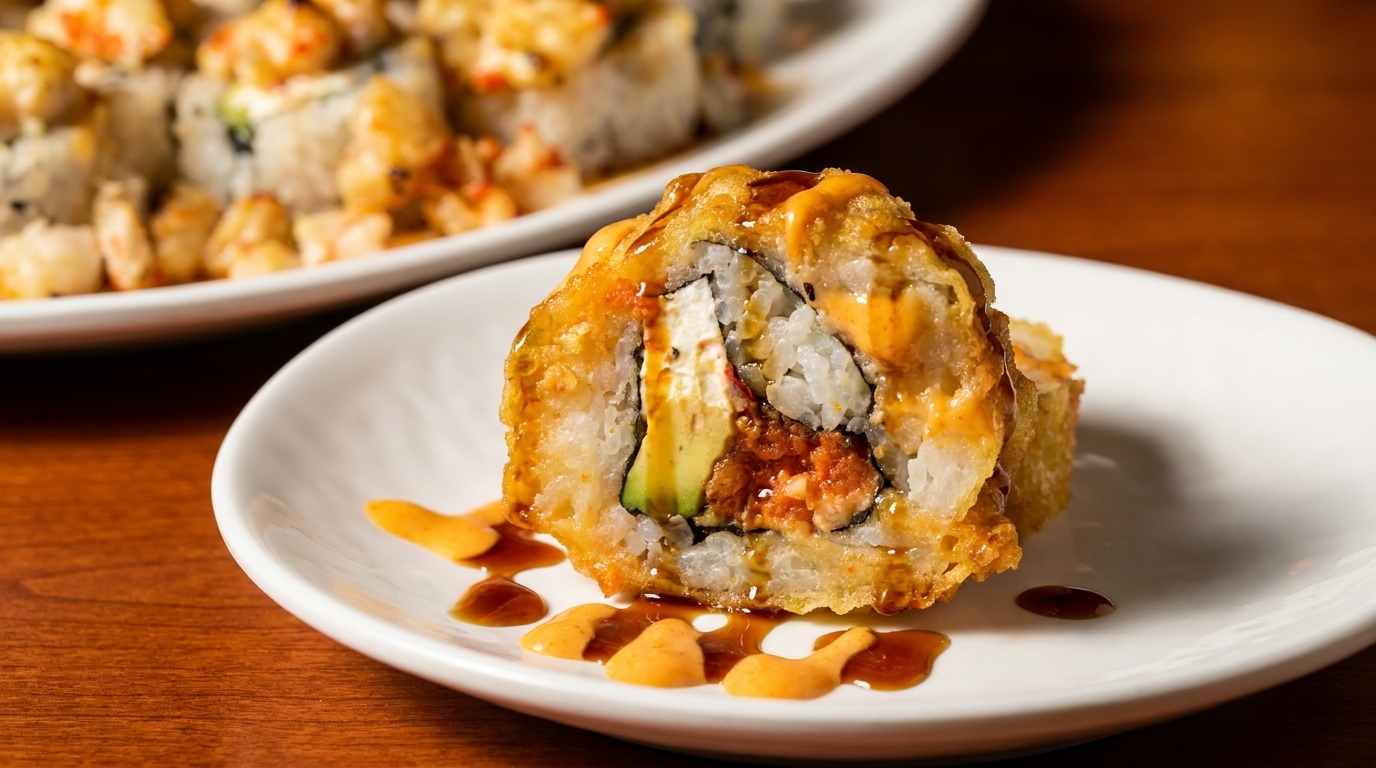 Deep-fried spicy tuna sushi roll with avocado and cream cheese