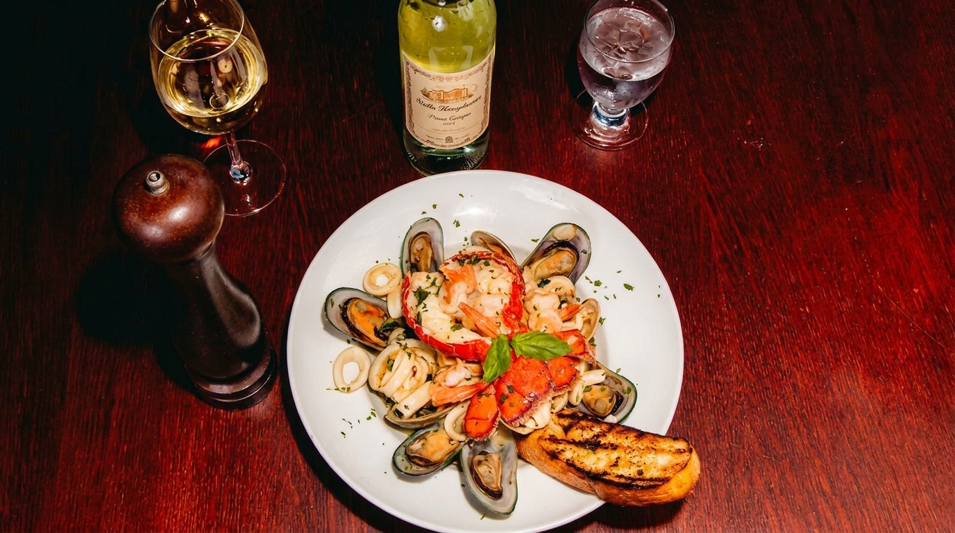 Seafood platter with lobster, mussels, shrimp, and calamari, served with wine on a wooden table.