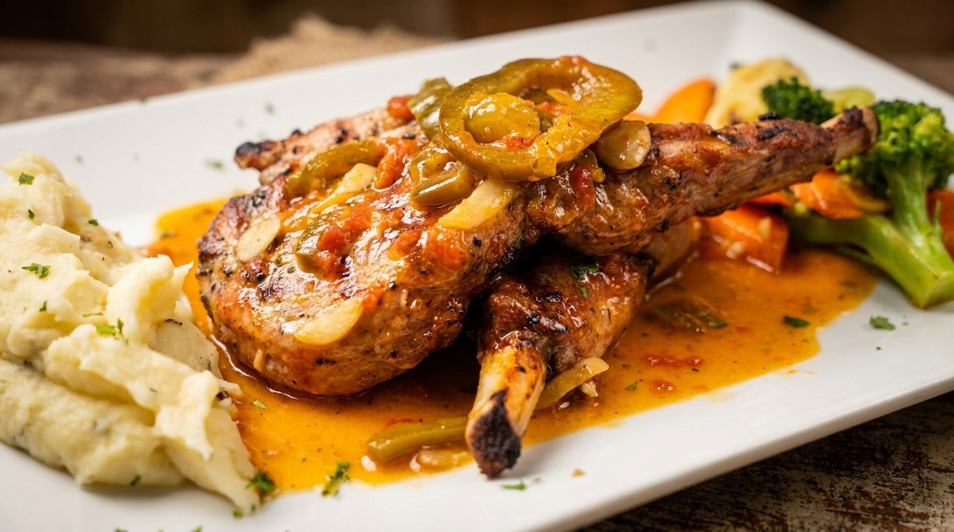 Grilled chicken with peppers and sauce, served with mashed potatoes and mixed vegetables.