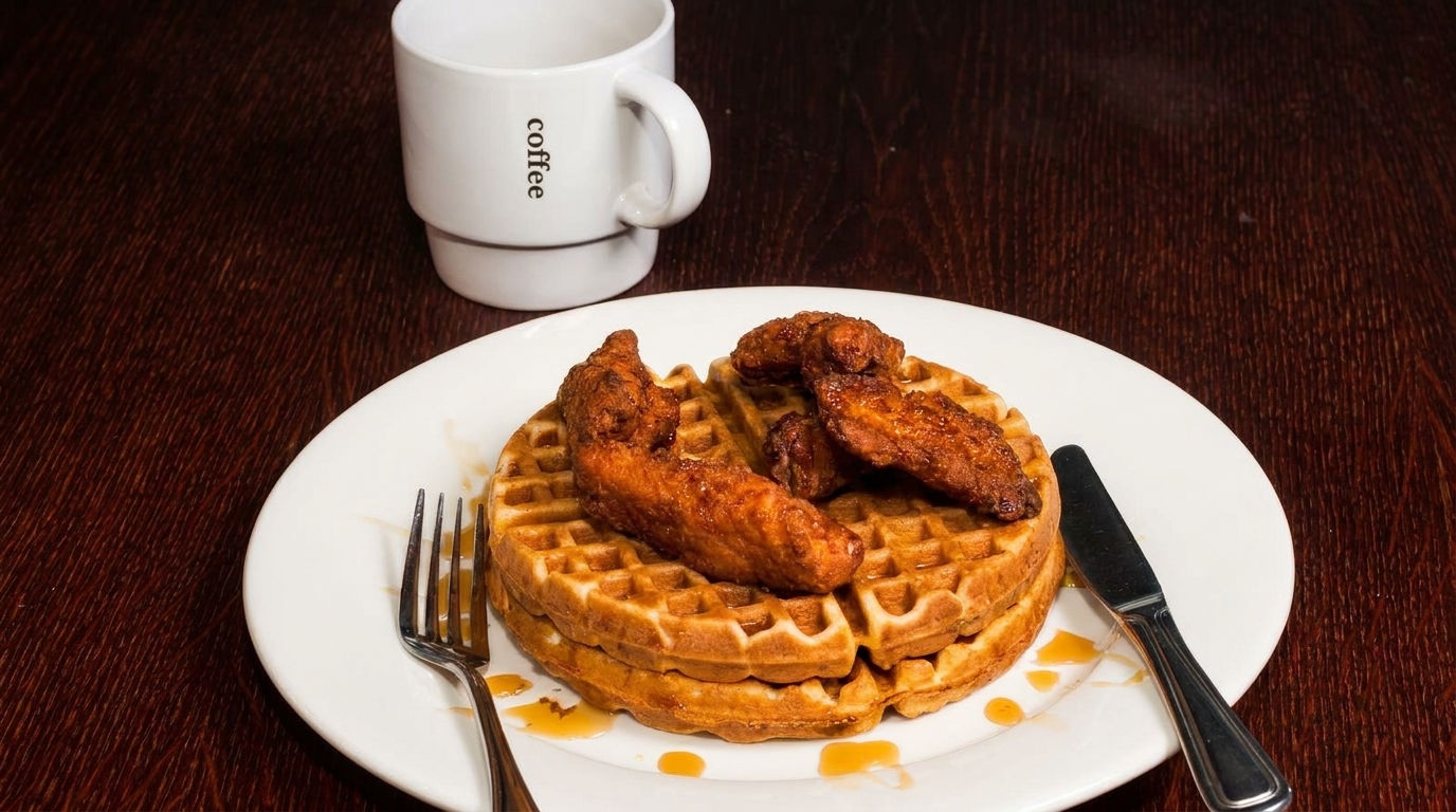 Chicken and waffles with syrup on a white plate, with a coffee cup in the background.