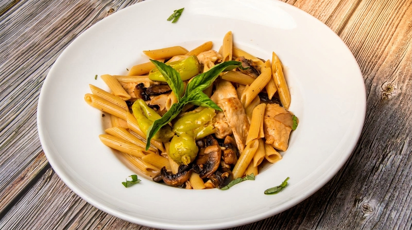 Penne pasta with chicken, mushrooms, green peppers, and basil in a white bowl on wood.
