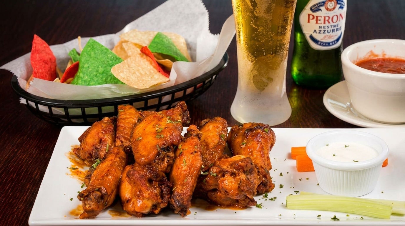 Spicy chicken wings with ranch, celery, carrots, tortilla chips, salsa, and a beer.