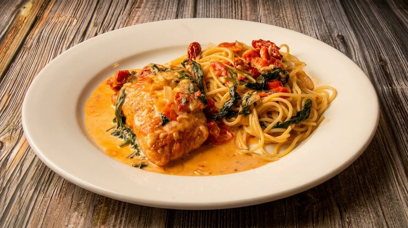 Chicken with creamy sauce, spinach, and sun-dried tomatoes, served alongside spaghetti on a white plate.