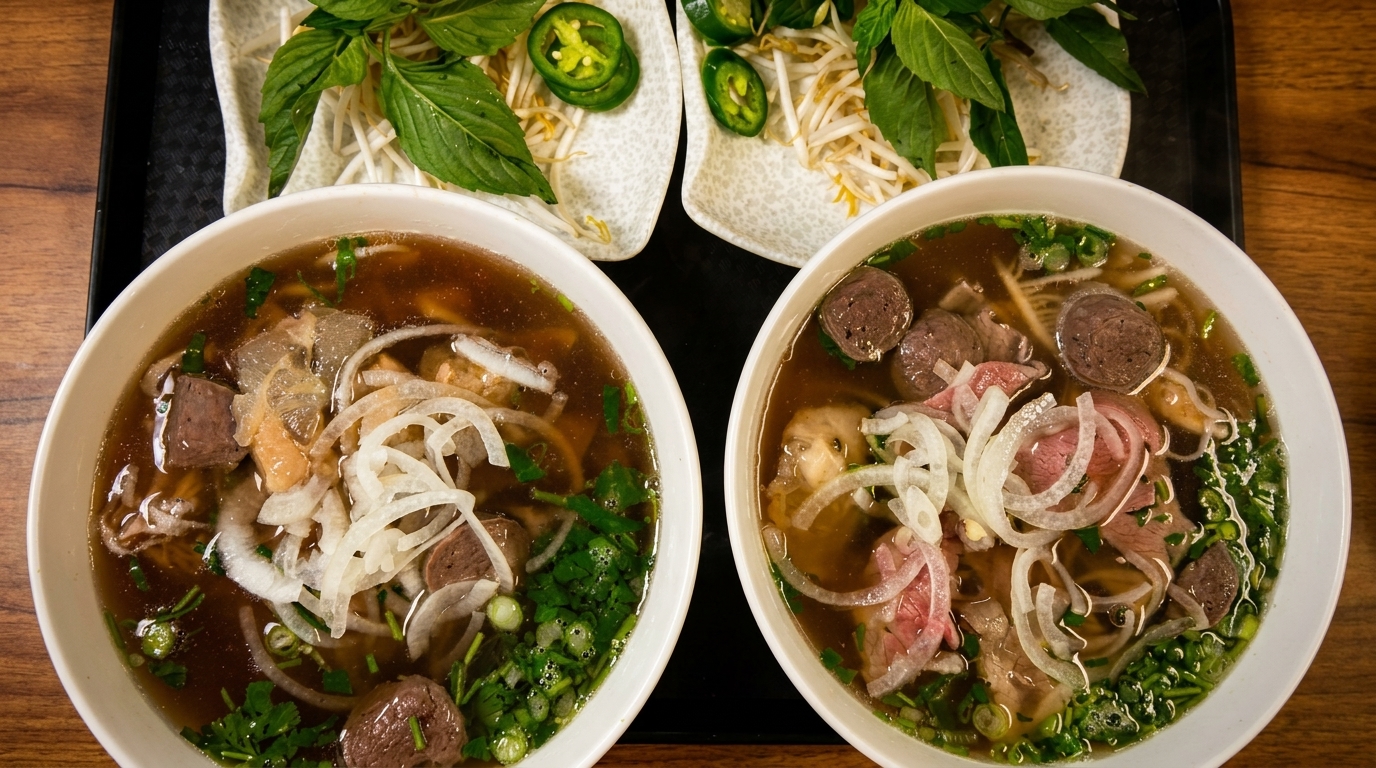 Two bowls of pho with beef, noodles, and onions, served with a side of herbs and jalapeños.