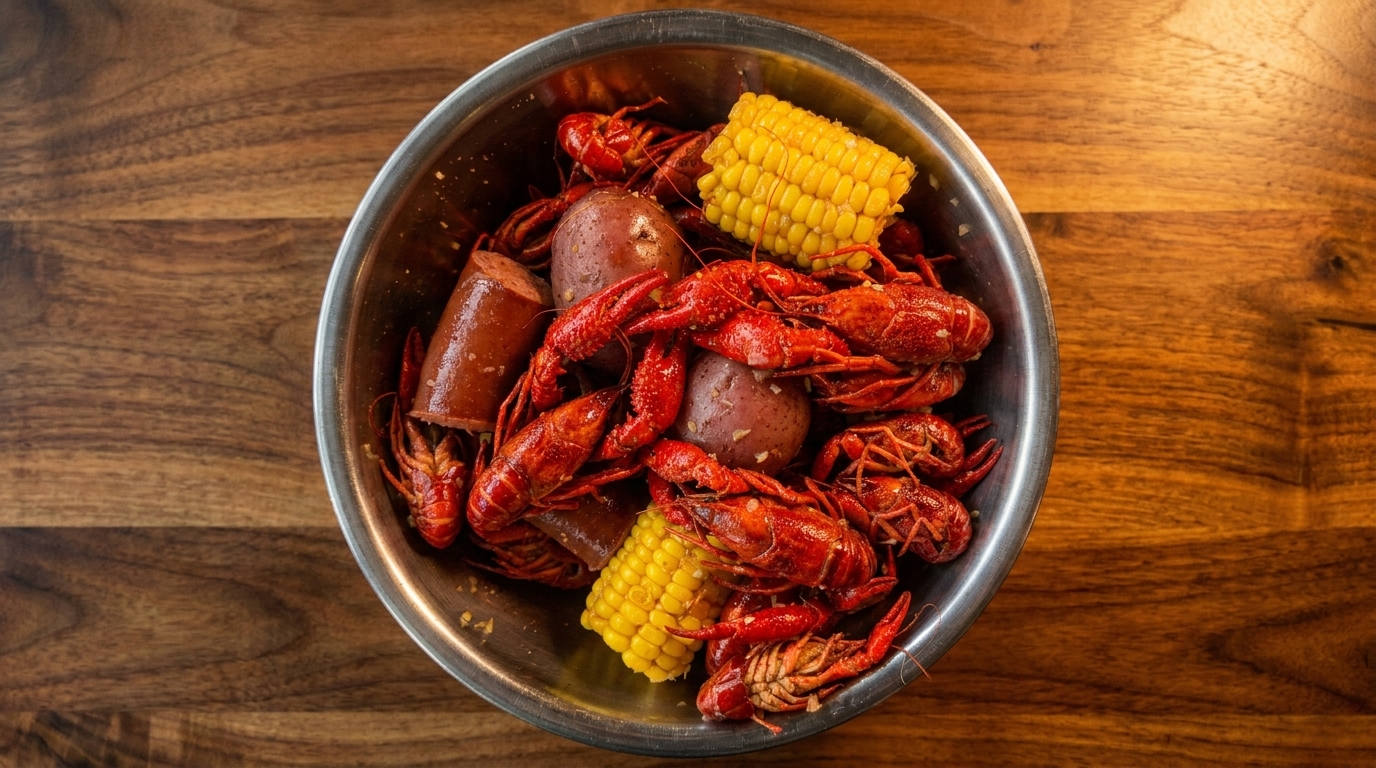 Boiled crawfish, corn on the cob, red potatoes, and sausage in a metal bowl on a wooden table.