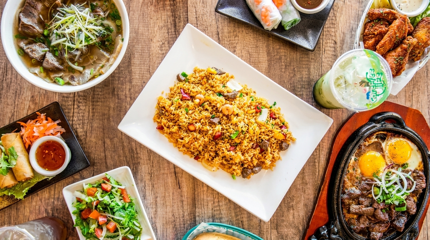Overhead view of a wooden table laden with various Vietnamese dishes, including pho, fried rice, and spring rolls.