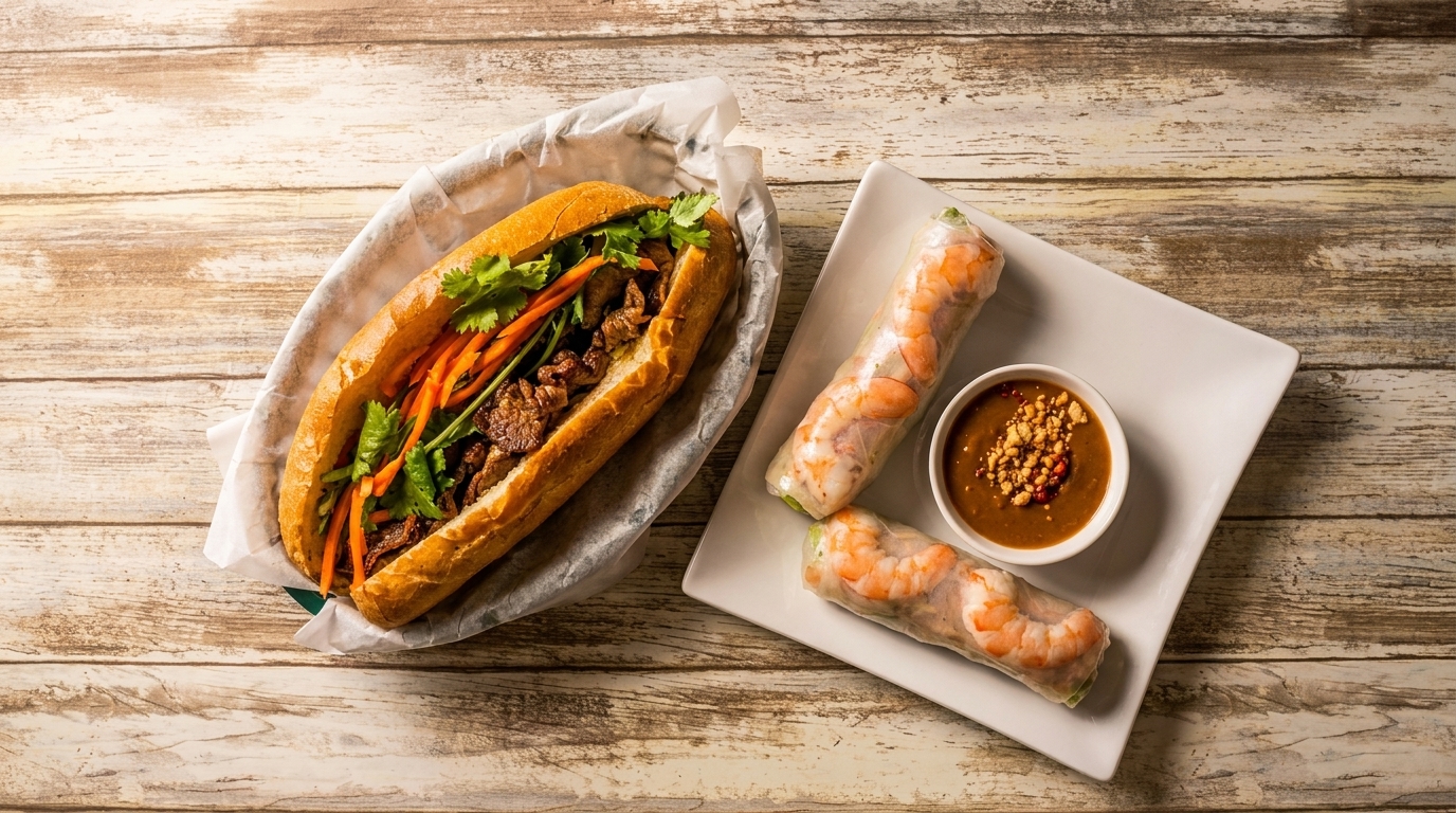 A Vietnamese banh mi sandwich and two shrimp spring rolls with peanut dipping sauce on a wooden table.