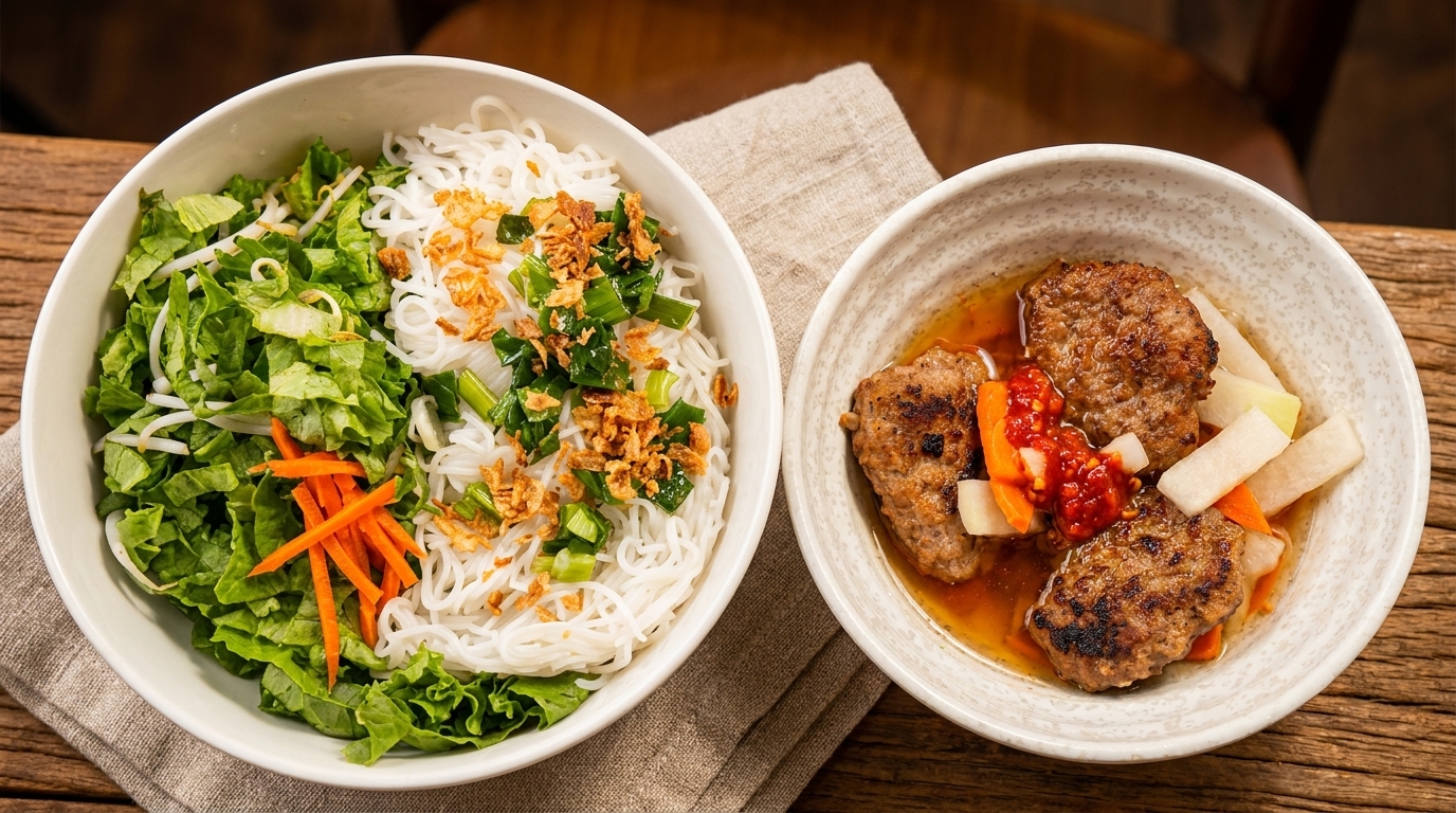 Two bowls of Vietnamese food, one with vermicelli noodles and vegetables, the other with grilled pork patties.