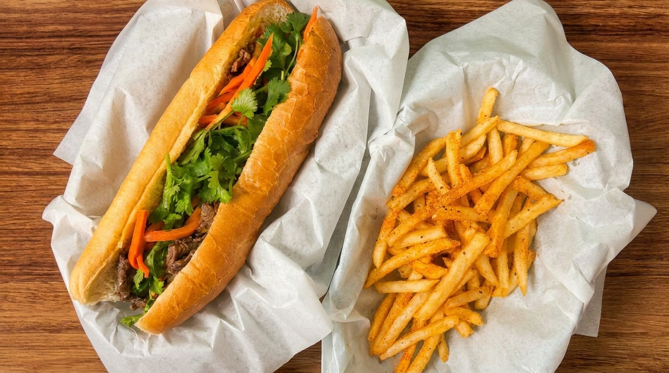 Banh mi sandwich with beef, cilantro, and carrots, served with seasoned french fries.