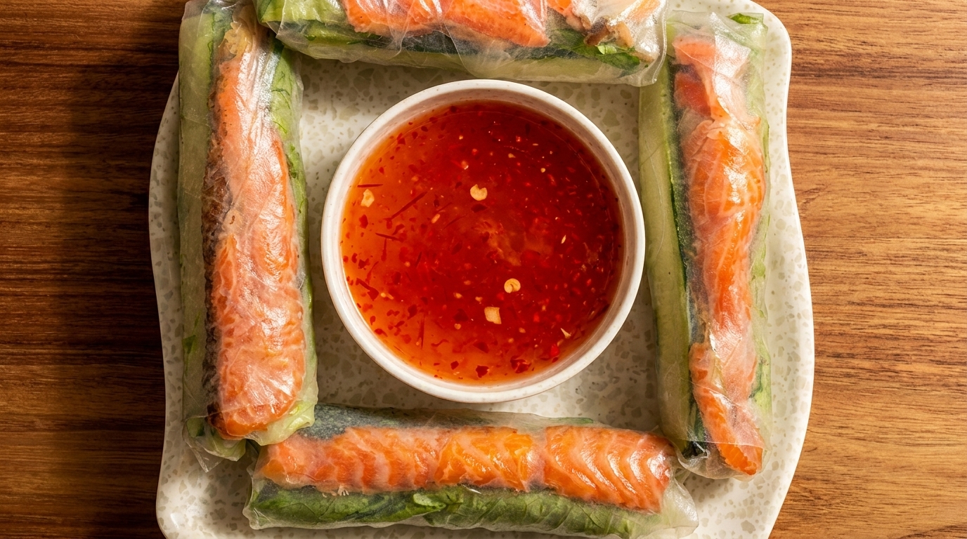 Four fresh spring rolls with salmon, greens, and cucumber, served with a chili dipping sauce.