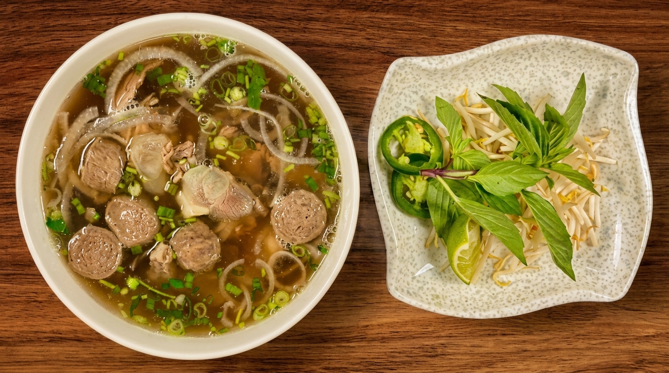 A bowl of pho with beef and meatballs, alongside a plate of bean sprouts, basil, and jalapeños.