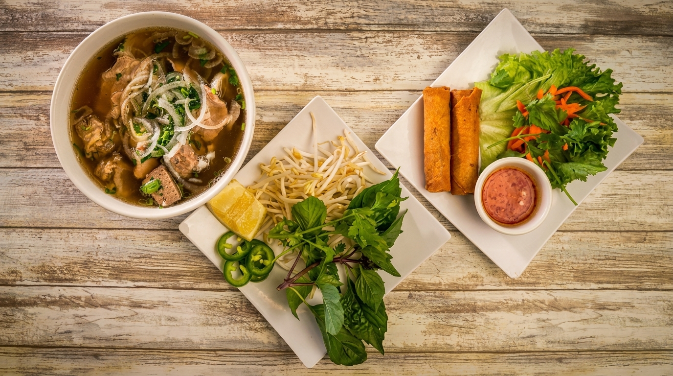 Pho soup, spring rolls, and fresh herbs with bean sprouts, lime, and jalapeños on a wooden table.