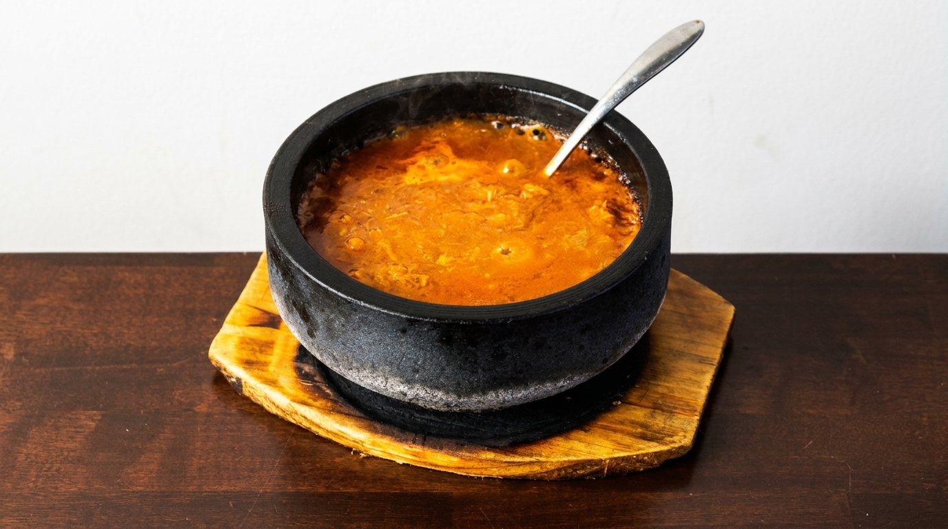 Steaming orange stew in a black stone bowl with a spoon, on a wooden trivet and table.