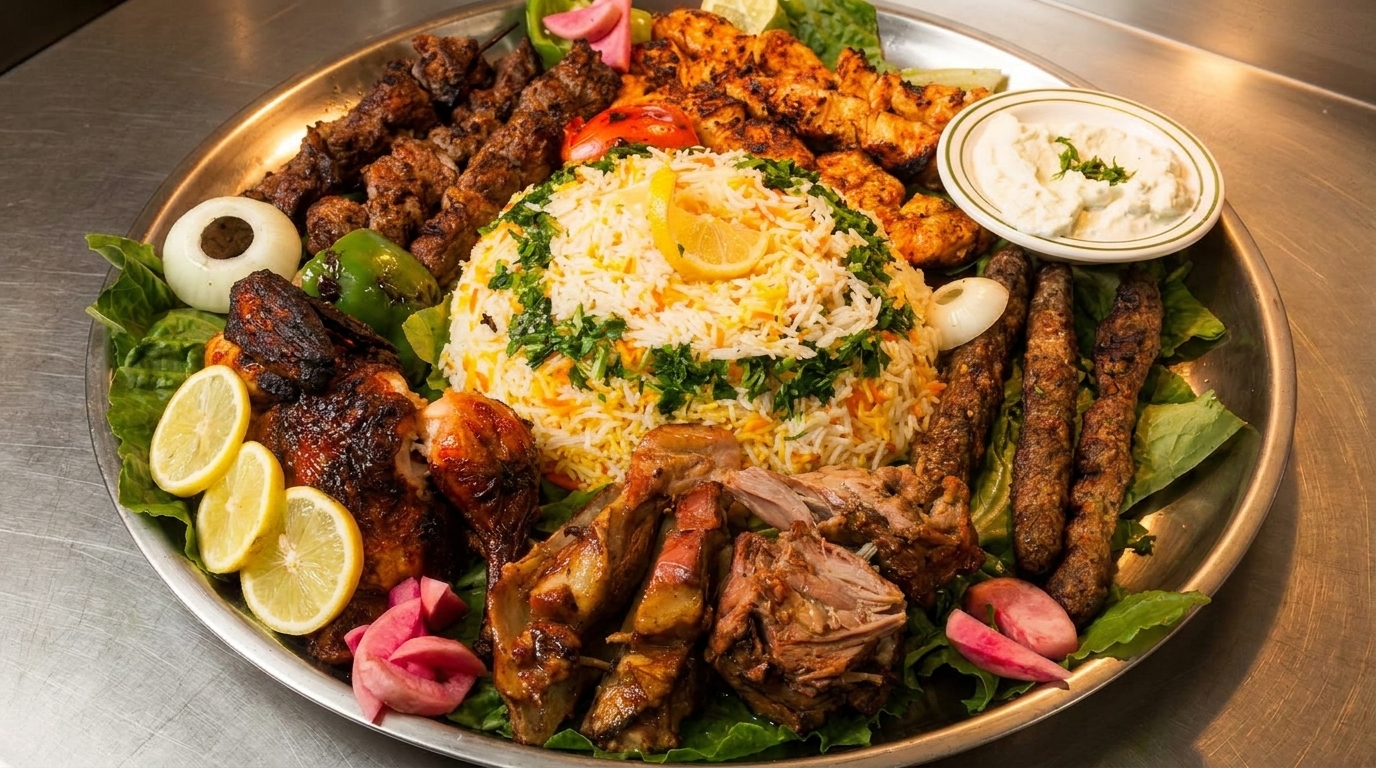 Large platter of Middle Eastern food with rice, various grilled meats, chicken, and vegetables.