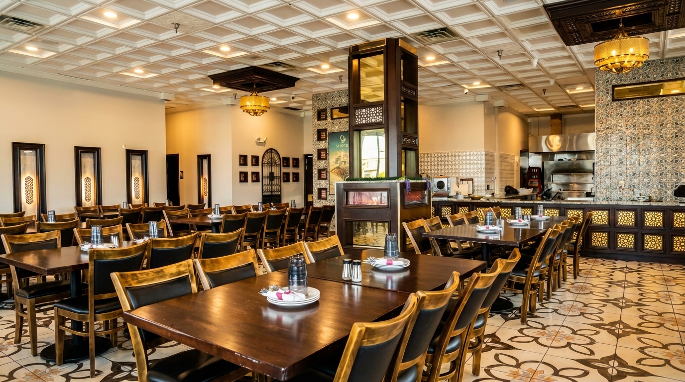 Spacious restaurant dining room with dark wooden tables and chairs, patterned floor, and open kitchen.