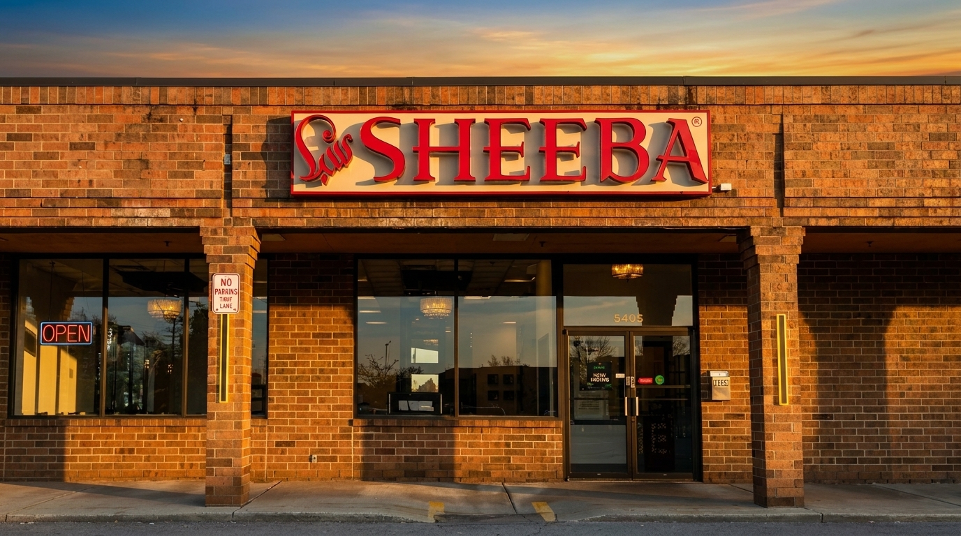 Exterior of Sheeba restaurant, a brick building with a red sign, at sunset.