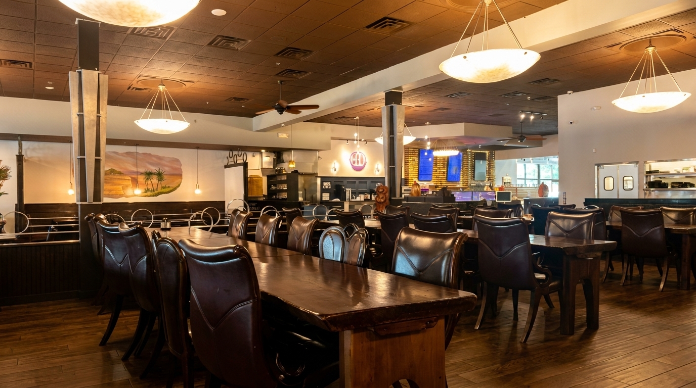 Spacious restaurant dining room with dark wood tables, brown leather chairs, and a tropical mural.