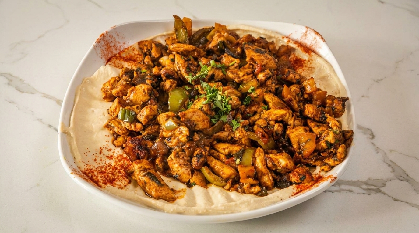 A white plate holds hummus topped with seasoned chicken, green peppers, and parsley, sprinkled with paprika.