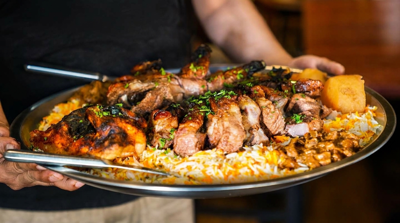 Hands holding a large platter of roasted chicken, lamb, rice, and potatoes.