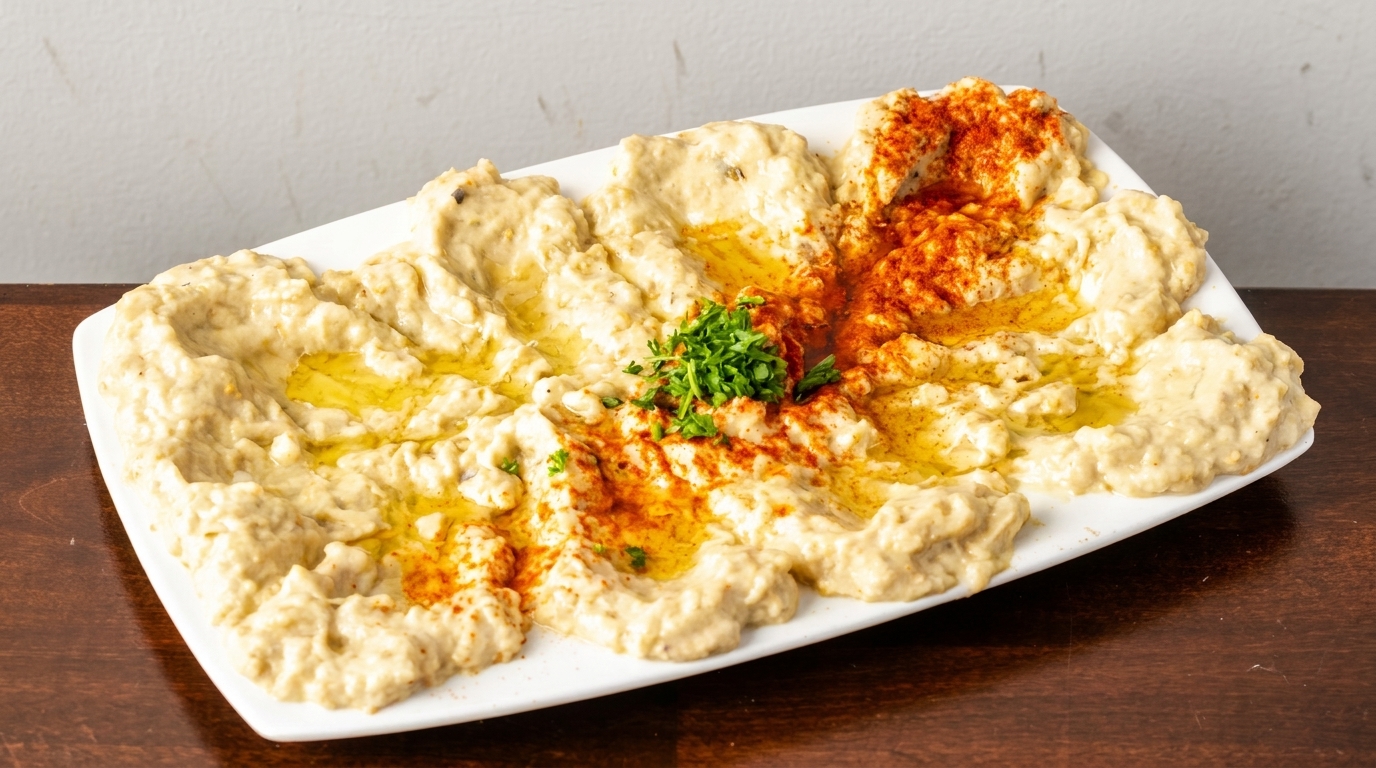 Baba Ghanoush with olive oil, paprika, and fresh parsley on a white rectangular plate.