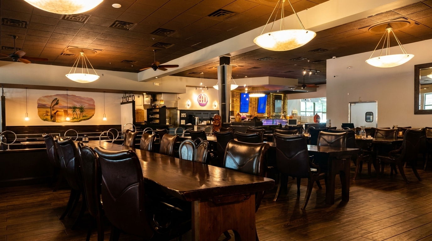 Spacious restaurant interior with dark wooden tables, leather chairs, and warm lighting, featuring a desert mural.