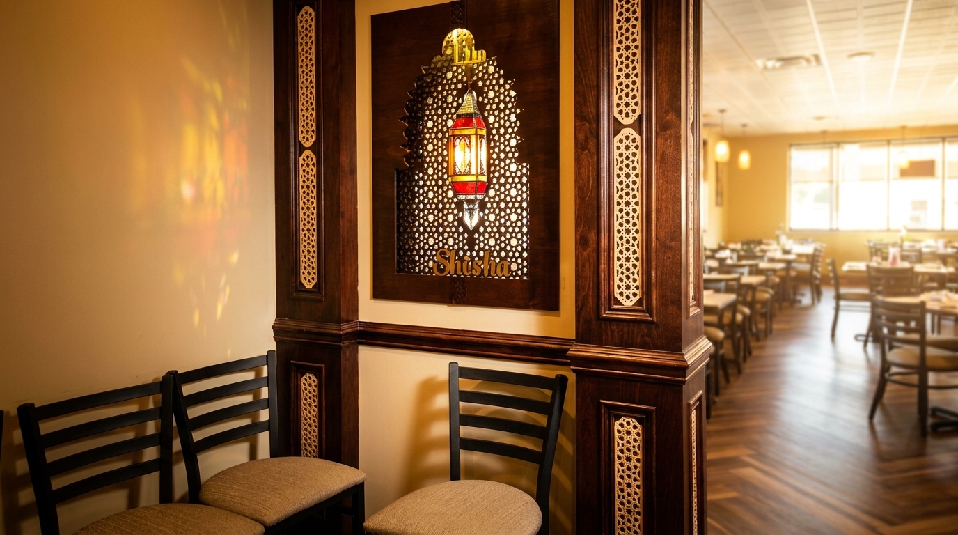 Restaurant interior with ornate wooden decor, a hanging lantern, and dining tables in the background.