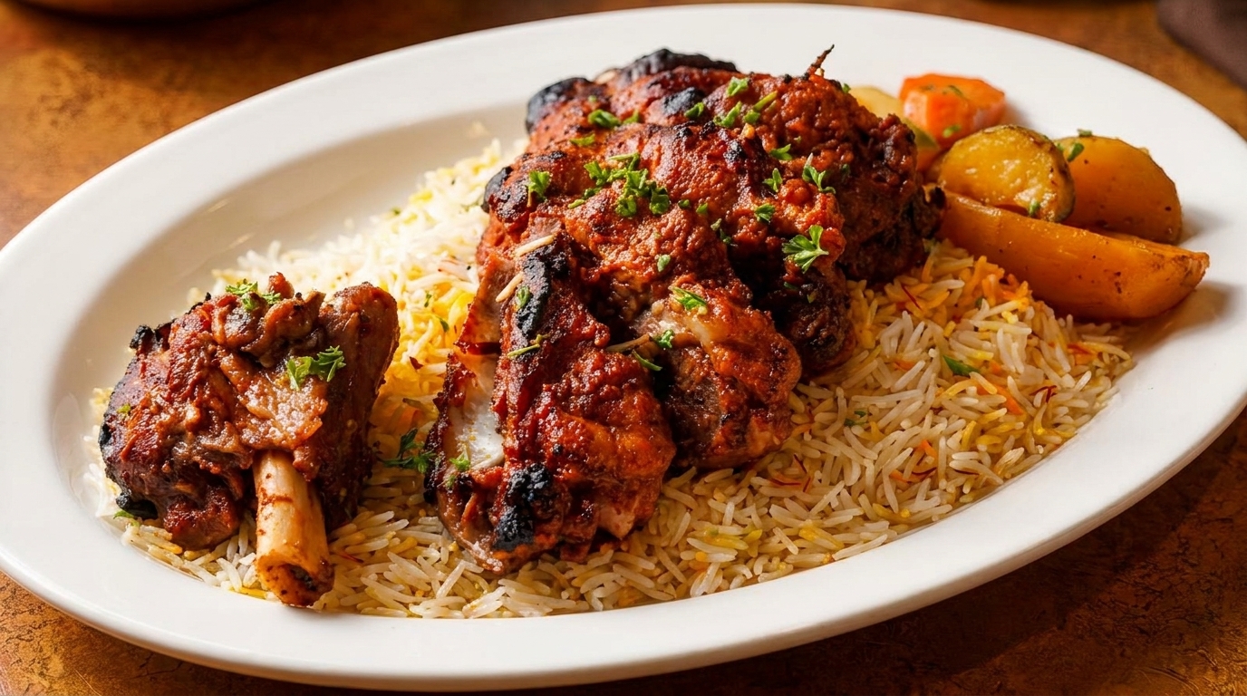 Platter of grilled lamb chops and a lamb shank over saffron rice with roasted potatoes and carrots.