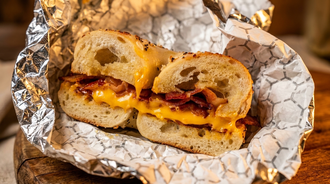 A bagel sandwich with melted cheese and bacon, wrapped in foil and paper.