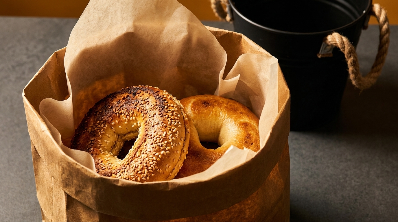 Two freshly baked bagels, one sesame and one plain, in a brown paper bag.