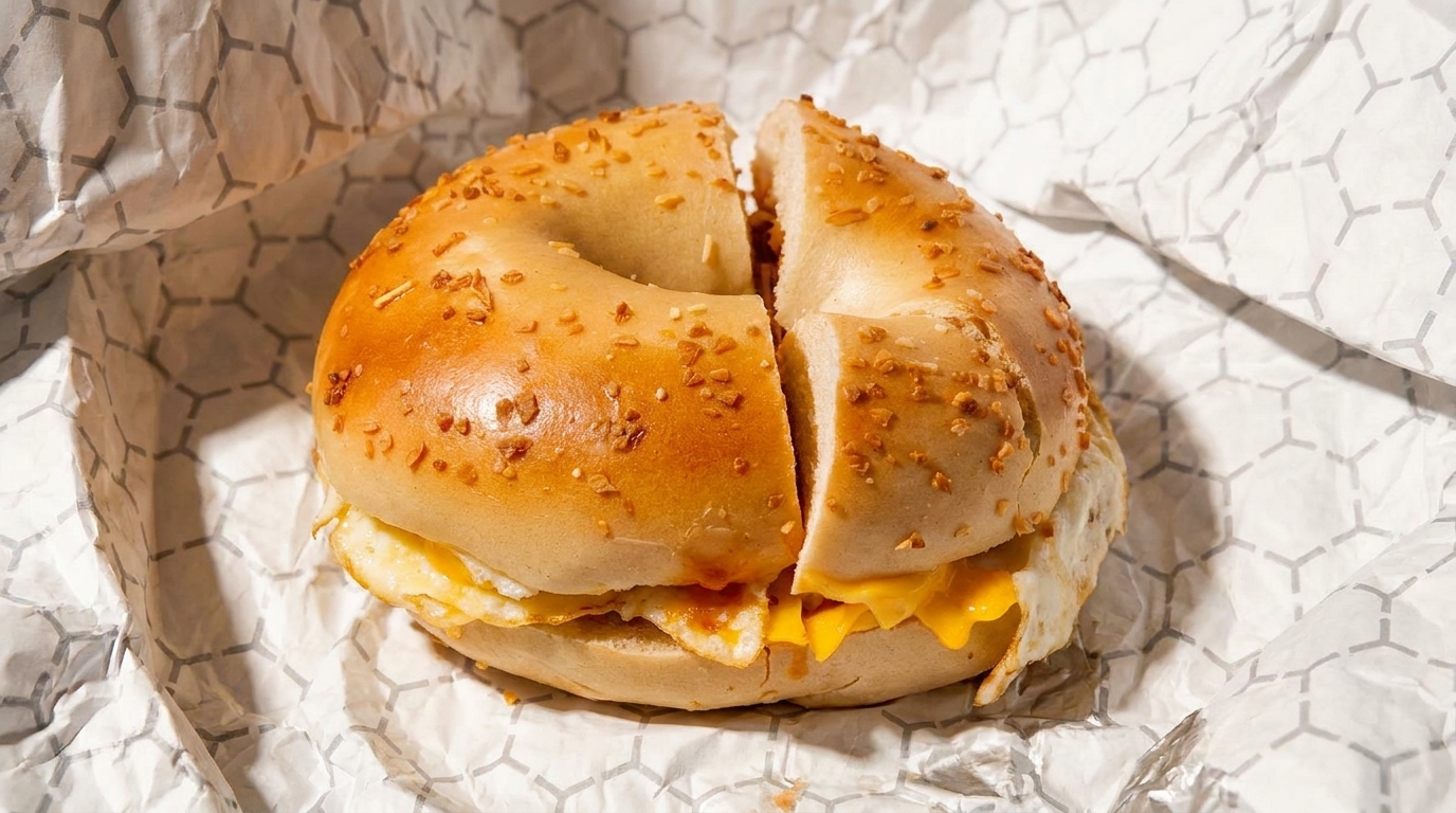 Garlic bagel breakfast sandwich with egg and cheese, cut in half, on crinkled white paper.