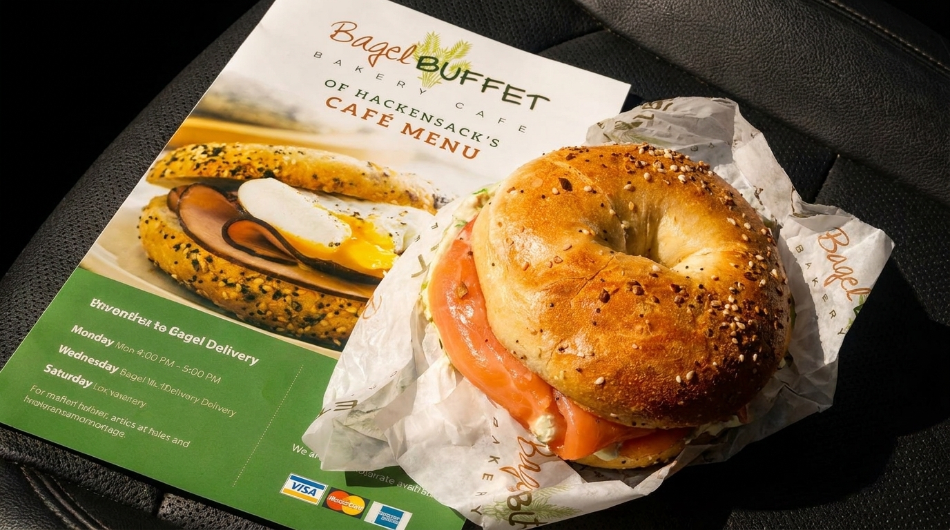 A Bagel Buffet Cafe menu and a sesame bagel with lox and cream cheese.