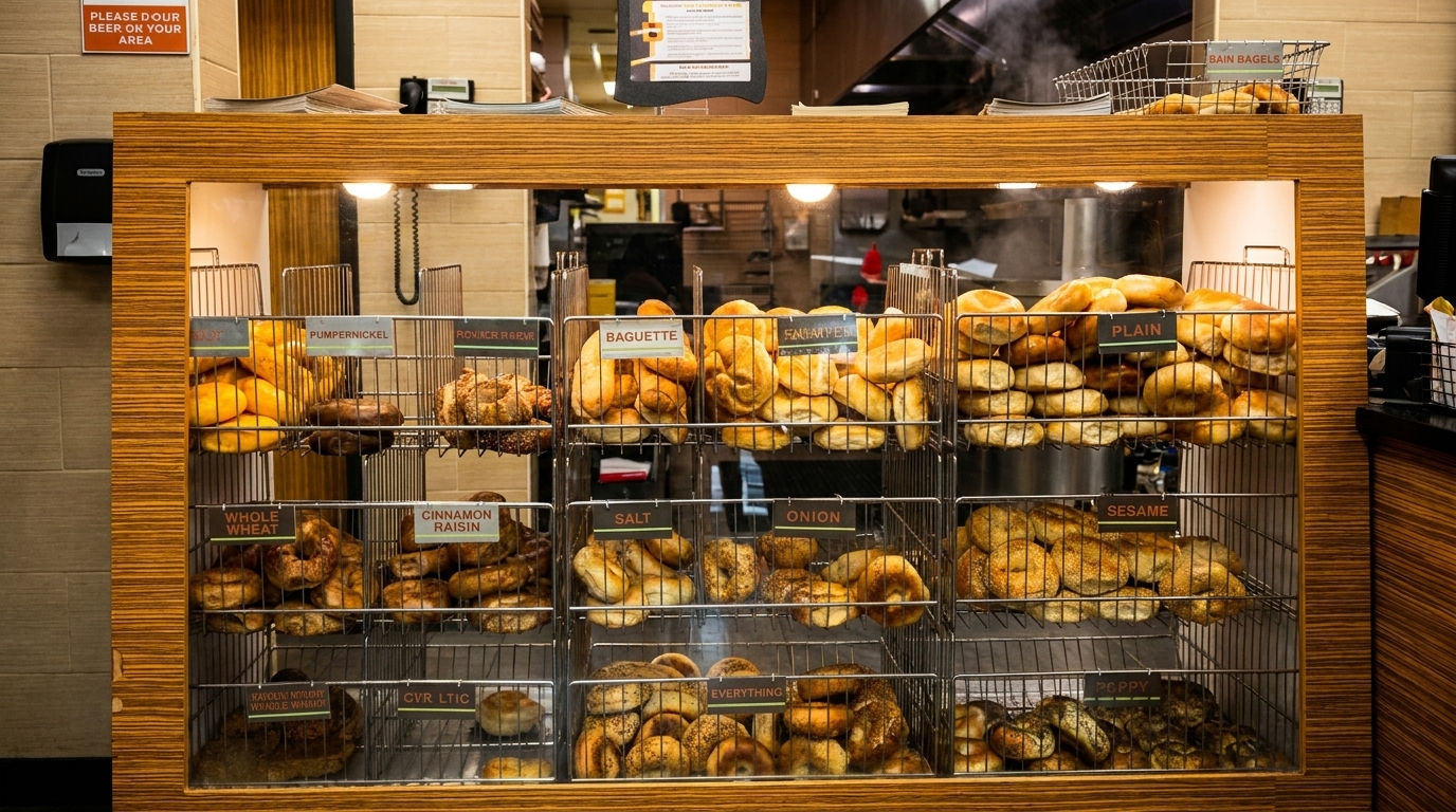 A display case filled with various types of bagels, including plain, sesame, and everything.